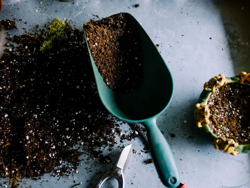 Pala de mano con tierra de compost junto a macetas